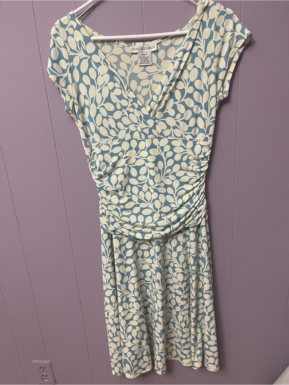 Maggy London Sky Blue & Cream Leaf-Print Faux-Wrap Midi Dress